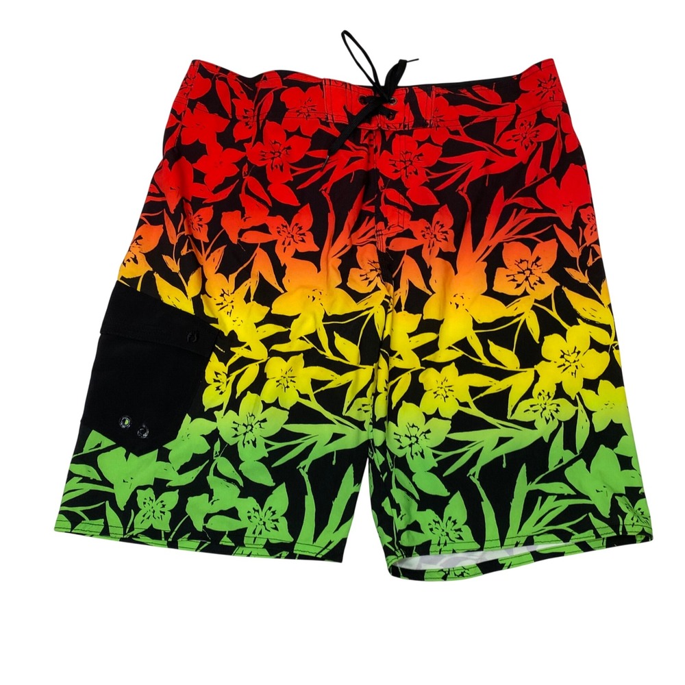 Hang Ten Men's Board Shorts Floral Red‎ Yellow Green Black Size 34 Surf Swim